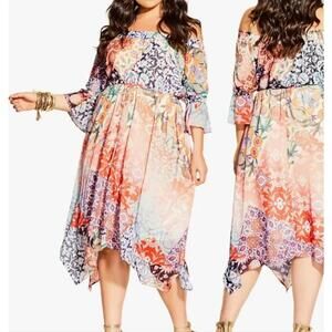 CITY CHIC Plus Size 16 Adisa Off Shoulder 3/4 Sleeve Floral Midi Dress EUC
